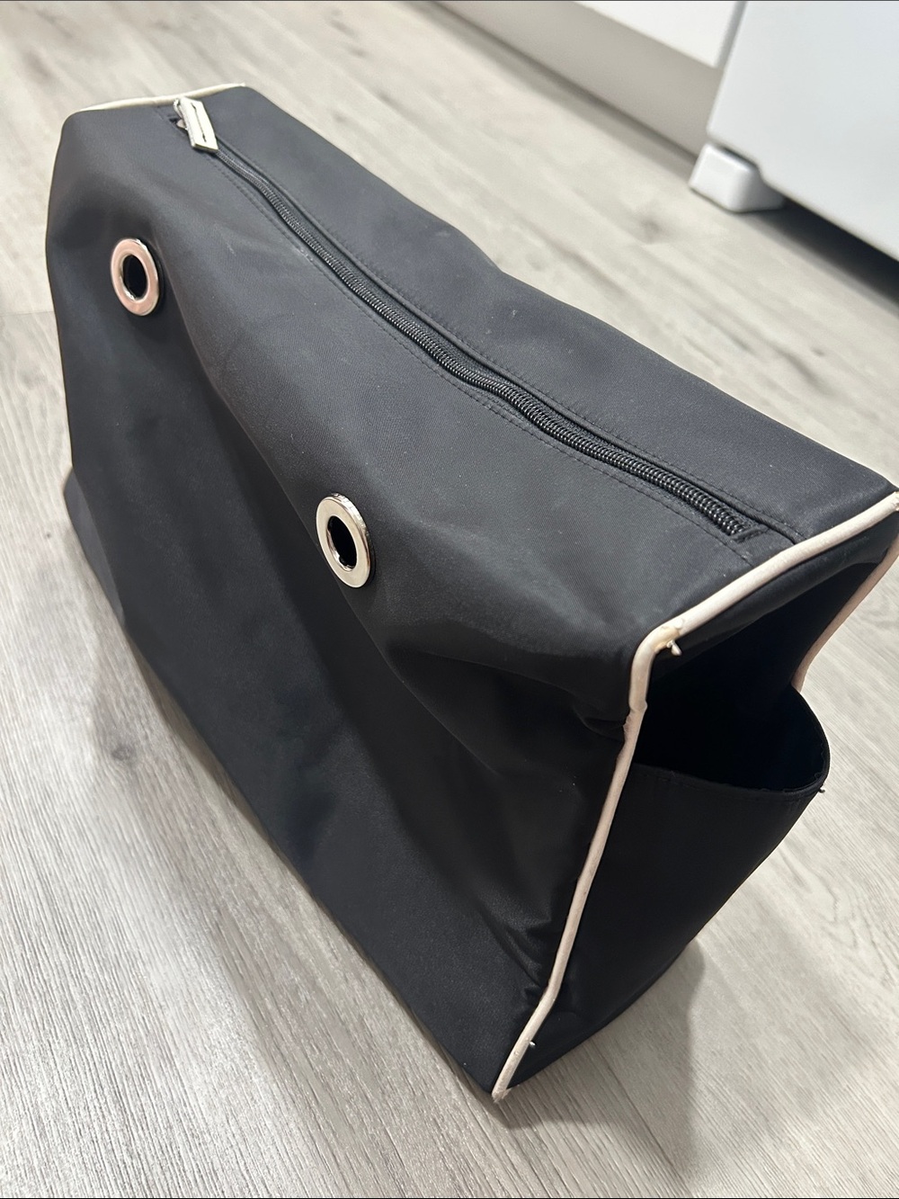 Lillian Vernon Repurposed Vintage Designer Black Toiletry Bag with White Trim